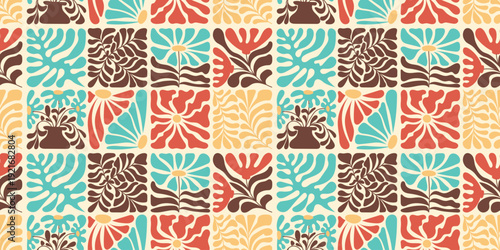 Seamless retro floral pattern with stylized flowers leaves and botanical shapes in teal red brown and yellow repeating decorative textile background