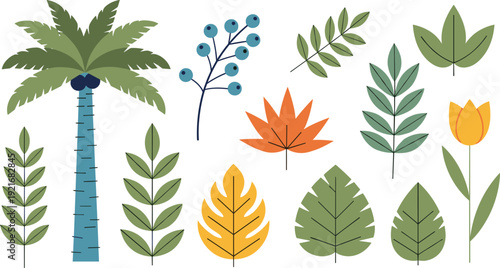 Tropical Leaves and Flowers Vector Illustration Set with Palm Tree Monstera Fern and Exotic Plants Isolated on White Background