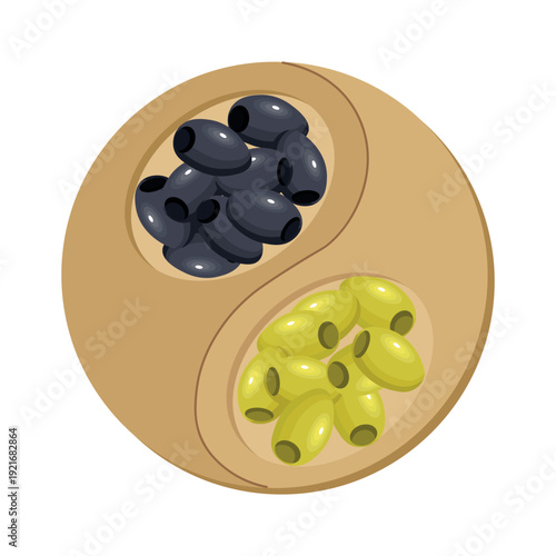 Yin yang symbol formed by black olives and green olives arranged inside a circular shape isolated on white background