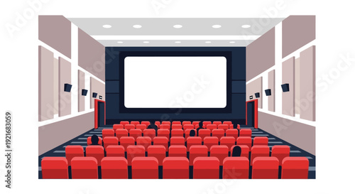 Modern cinema with empty screen and red seats in a cozy theater