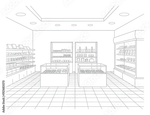 Retail Store Interior Line Art Vector Illustration