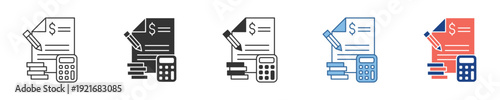 Financial management icon set showcasing budgeting, expense tracking, and accounting operations with document, calculator, and money symbols for business and personal finance