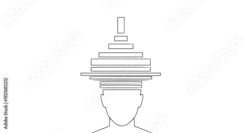 Abstract line art visualization of a human head shape supporting a precarious, unevenly stacked pyramid or tower of decreasing horizontal rectangular blocks representing mental burden or complexity.