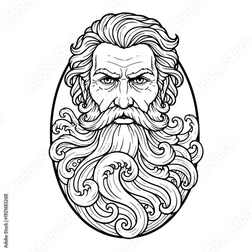 Detailed black and white line art illustration portrait featuring an imposing old bearded mythological figure whose flowing hair and voluminous beard transform into oceanic waves suitable for tattoo
