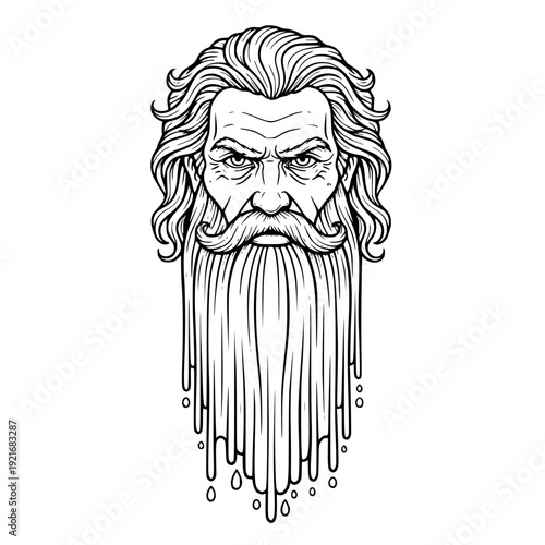 A striking vector illustration of a powerful, ancient, and wise old man's head with a stern, intense facial expression, featuring long, flowing wavy hair, a thick, prominent mustache, and an incredibl