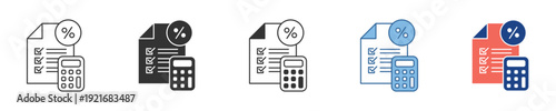 Set of Financial Document Calculation Icons with Percentage and Calculator, ideal for Budgeting, Tax Preparation, Expense Tracking, and Accounting Software Interfaces