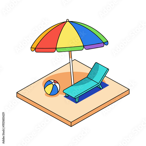 Colorful beach umbrella and lounge chair on a sandy island with a striped ball