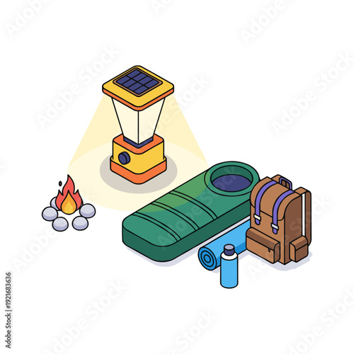 Camping gear laid out with a campfire and solar lantern providing light