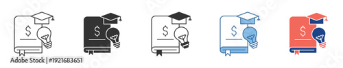 Modern icon collection visualizing the monetary value of education and the financial investment in new ideas, combining academic symbols with concepts of funding and innovation for future growth