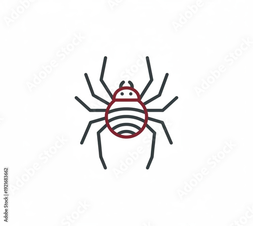 A stylized minimalist vector icon of a spider with a red and black striped body and legs against a white background, perfect for illustrating arachnids or concepts related to insects and bugs