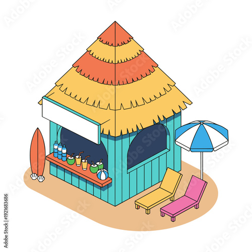 Tropical beach hut with drinks, surfboards, and lounge chairs on a sandy shore