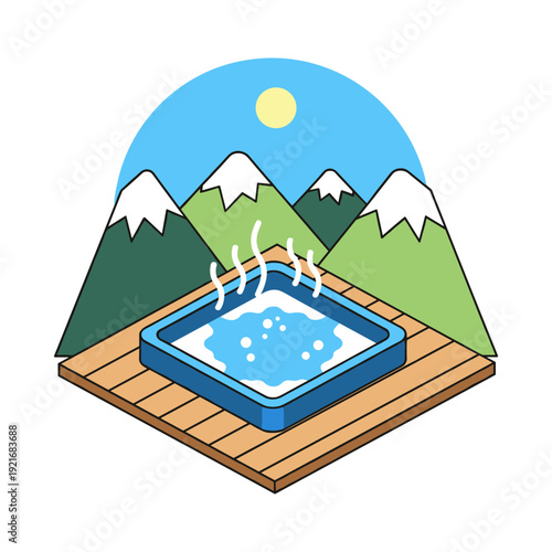 Relaxing hot tub with steaming water set against a backdrop of snowy mountains and a sunny sky