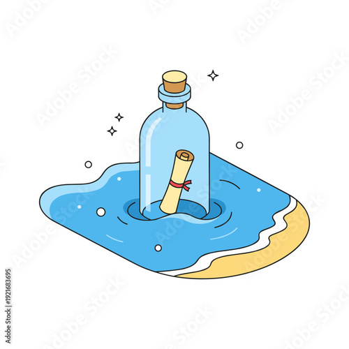 Message in a bottle floating on the ocean waves near a sandy beach