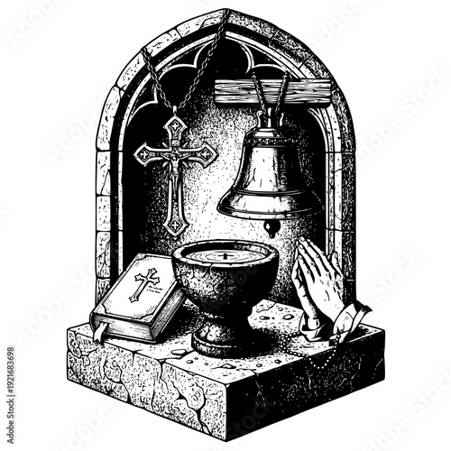 Detailed illustration featuring christian religious symbols such as a hanging crucifix, a sacred church bell, a stone baptismal font filled with holy water, a classic bible, and devout praying hands.