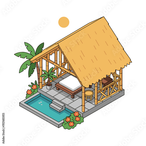 Tropical bungalow with thatched roof, private pool, and palm trees in isometric view
