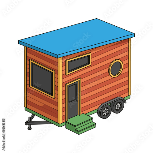 Isometric illustration of a charming tiny house on wheels with wood siding and a blue roof