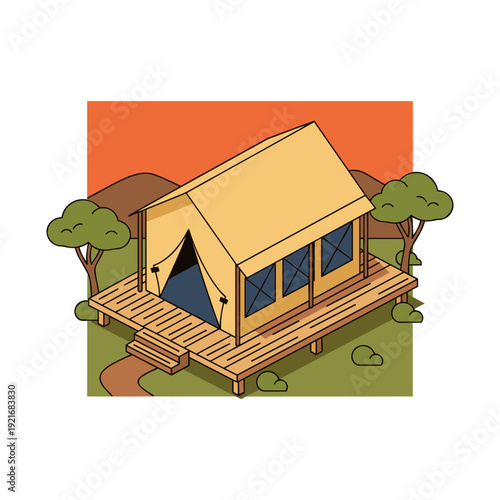 Cozy canvas glamping tent on a wooden deck surrounded by nature and hills