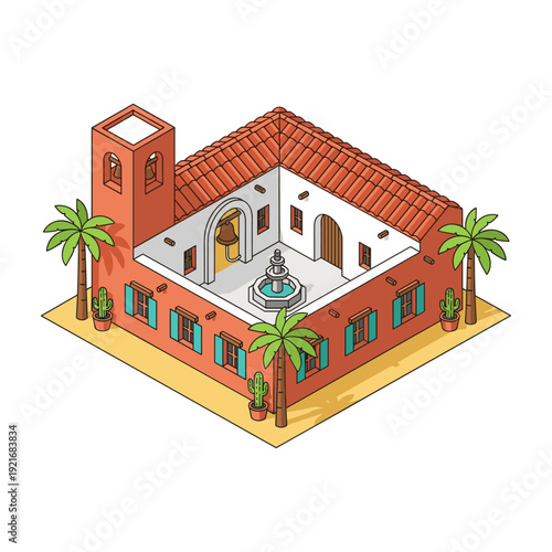 Isometric illustration of a Spanish colonial mission building with a courtyard and fountain