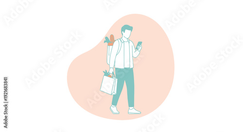 A man holding a smartphone walks with grocery bags and a backpack illustrating digital convenience for daily shopping tasks