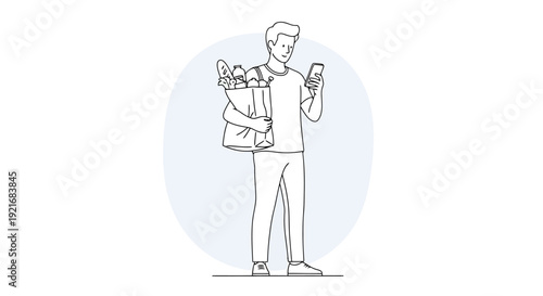 Man Holding Shopping Bag with Groceries and Using Mobile Phone Technology for Communication or Information