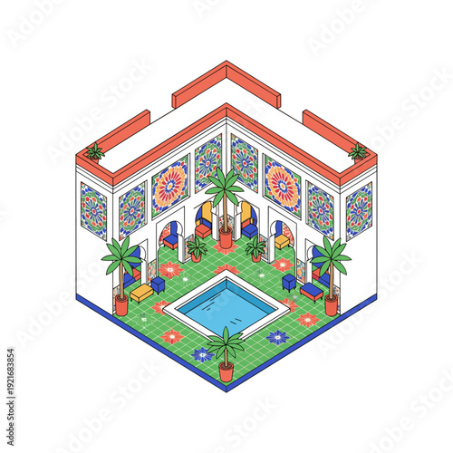 Isometric Moroccan courtyard with pool, intricate tile patterns, and palm trees