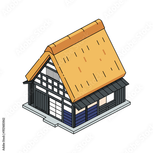 Traditional Japanese Gassho-zukuri house with thatched roof and wooden structure