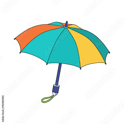 Brightly colored umbrella with a blue handle and green loop, isolated on white background