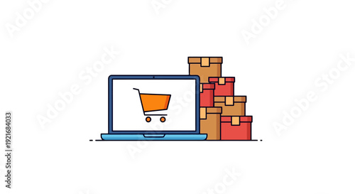 Conceptual visual of online retail shopping cart on laptop screen beside stack of delivery boxes representing e commerce business transactions and