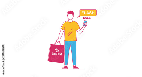 Male shopper holding mobile phone and shopping bag with discount offer via flash sale announcement for retail and e commerce promotions
