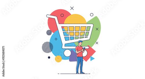 Modern Online Shopping Cart Experience with Abstract Colorful Shapes and Person Holding Mobile Device Representing E Commerce Consumer Behavior