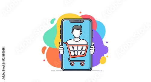 Modern mobile device screen displays online shopping cart with user profile icon against abstract colorful background for digital commerce concept