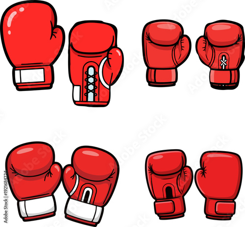 Collection of red boxing gloves displayed from various viewpoints on a clean background