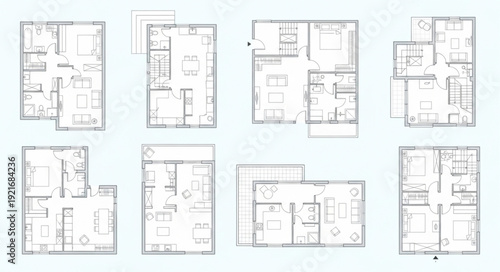 Collection of architectural floor plans for residential buildings.