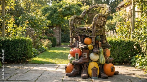 A whimsical garden scene featuring a chair adorned with assorted gourds and pumpkins in a lush outdoor setting viewed from the front.
