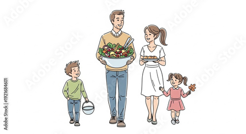 Happy Family with Children and Flowers.