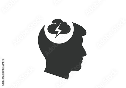 Conceptual representation of a human head silhouette with a thundercloud and lightning bolt inside symbolizing a sudden idea or mental stress on
