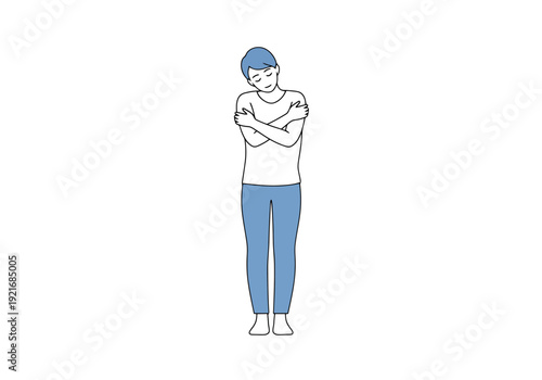 Young Person Embracing Self With Arms Crossed Isolated On White Background Minimalist Style Expressing Comfort Security Self Care Wellness Concept