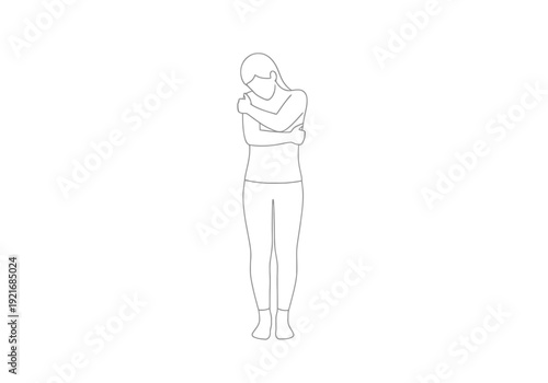 Minimalist Line Art Depicting A Person Embracing ThemSelf With Arms Wrapped Around Body In Solitude And Contemplation On White Background
