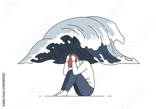 Overwhelmed person hiding from large incoming wave representing stress or emotional struggle concept of adversity