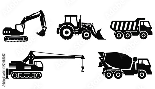 Construction vehicles set heavy machinery equipment isolated black white line art vector