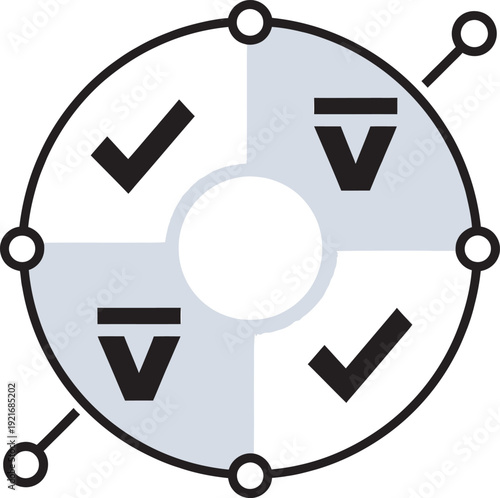 Minimalist abstract circular diagram with check-marks and mathematical symbols for logical process visualisation.