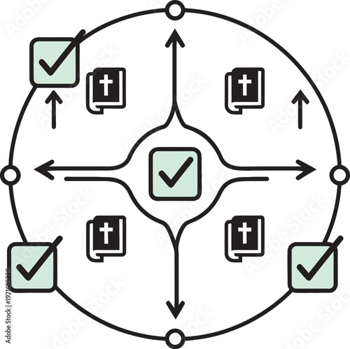 Spiritual growth and christian religious studies concept with holy bibles and green check marks icon.