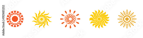 Abstract yellow sun icon set collection with spiral radiant, rays solar, energy symbol vector isolated on white background.