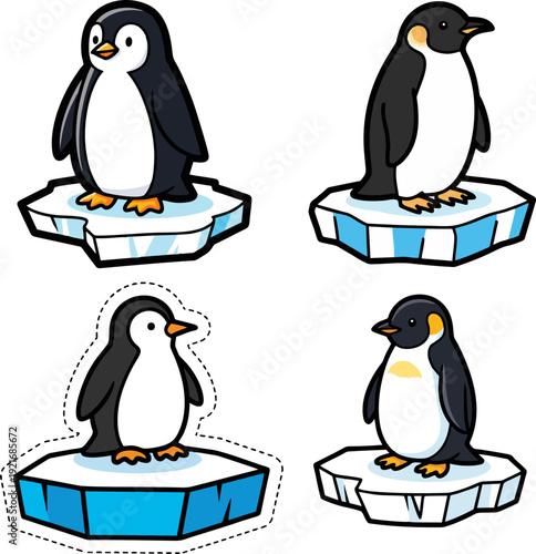 Set of four cute cartoon penguins standing on ice floes, perfect for nature and animal-themed designs