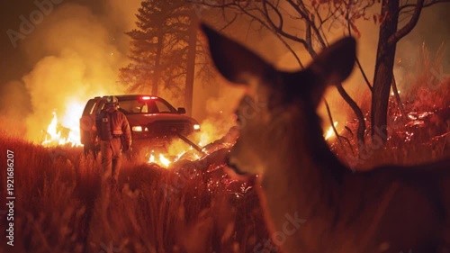 Brave firefighter battles intense wildfire flames amidst dense forest smoke, while calm deer stands firm in the foreground, unaffected by the emergency situation unfolding in the natural surroundings