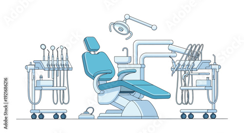 Modern dental chair with tools and equipment in a clean clinical setting