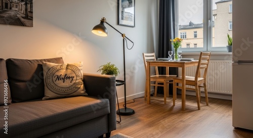 Cozy apartment interior with sofa dining table lamp and natural light