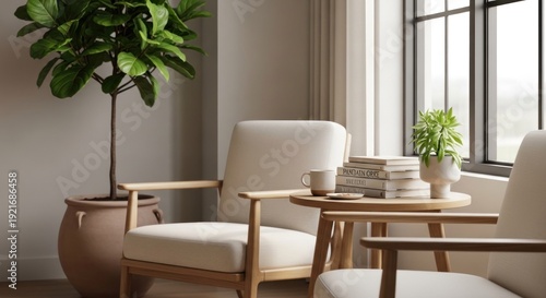 Cozy interior scene with armchairs plant and table near window