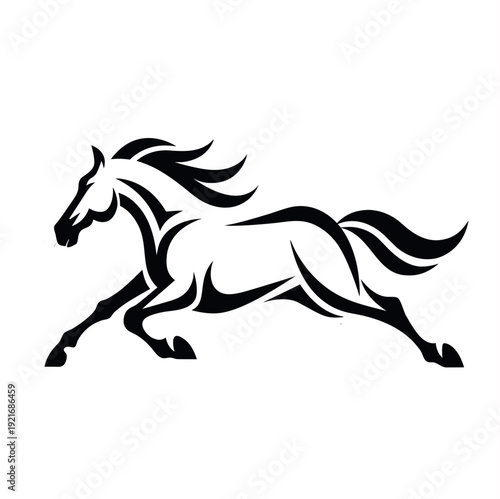 Black horse silhouette vector illustration of a wild running stallion in gallop speed with flowing mane and tail, equestrian animal art design in simple black styleBlack horse silhouette vector illust