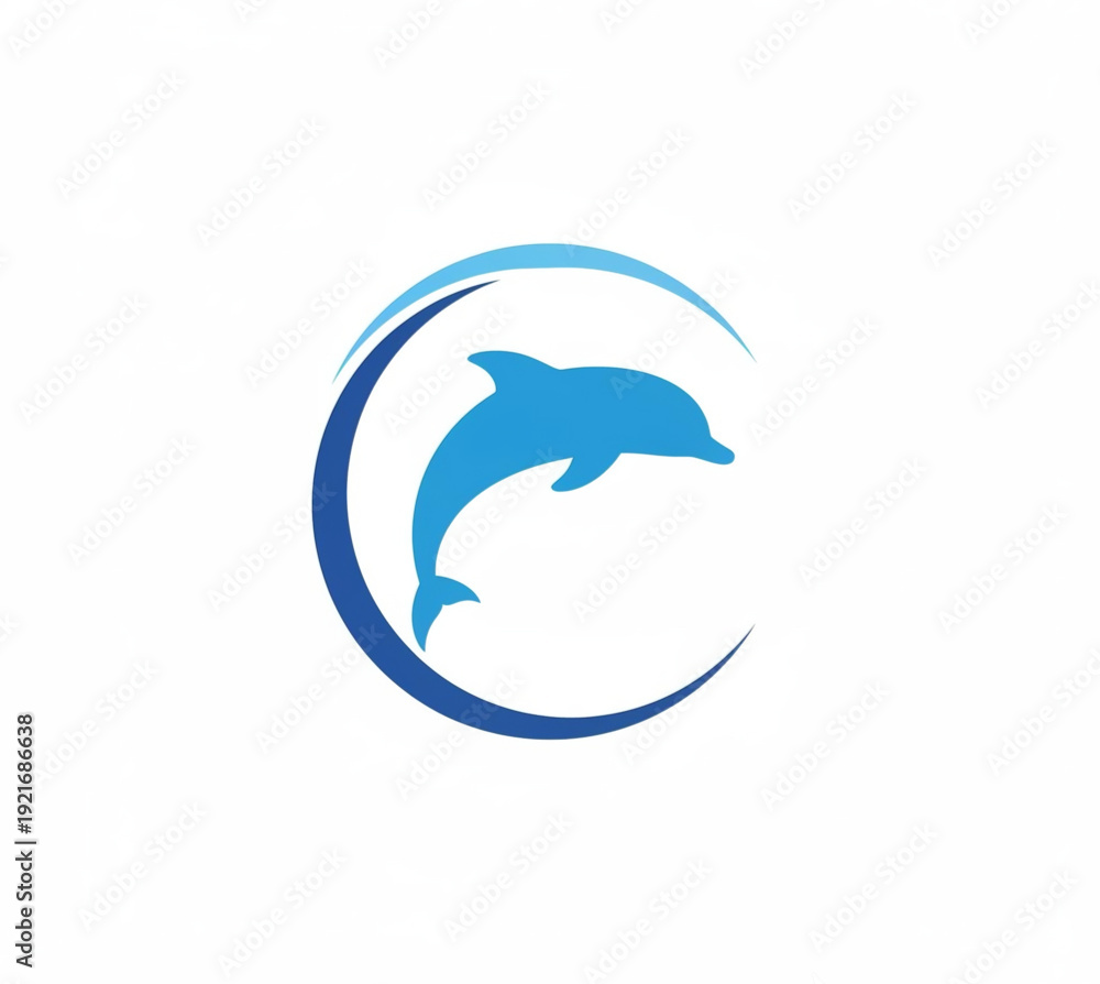 Fototapeta premium Dynamic blue dolphin leaping gracefully within a stylized circular wave, symbolizing marine life, freedom, and aquatic elegance, perfect for branding and diverse aquatic themes